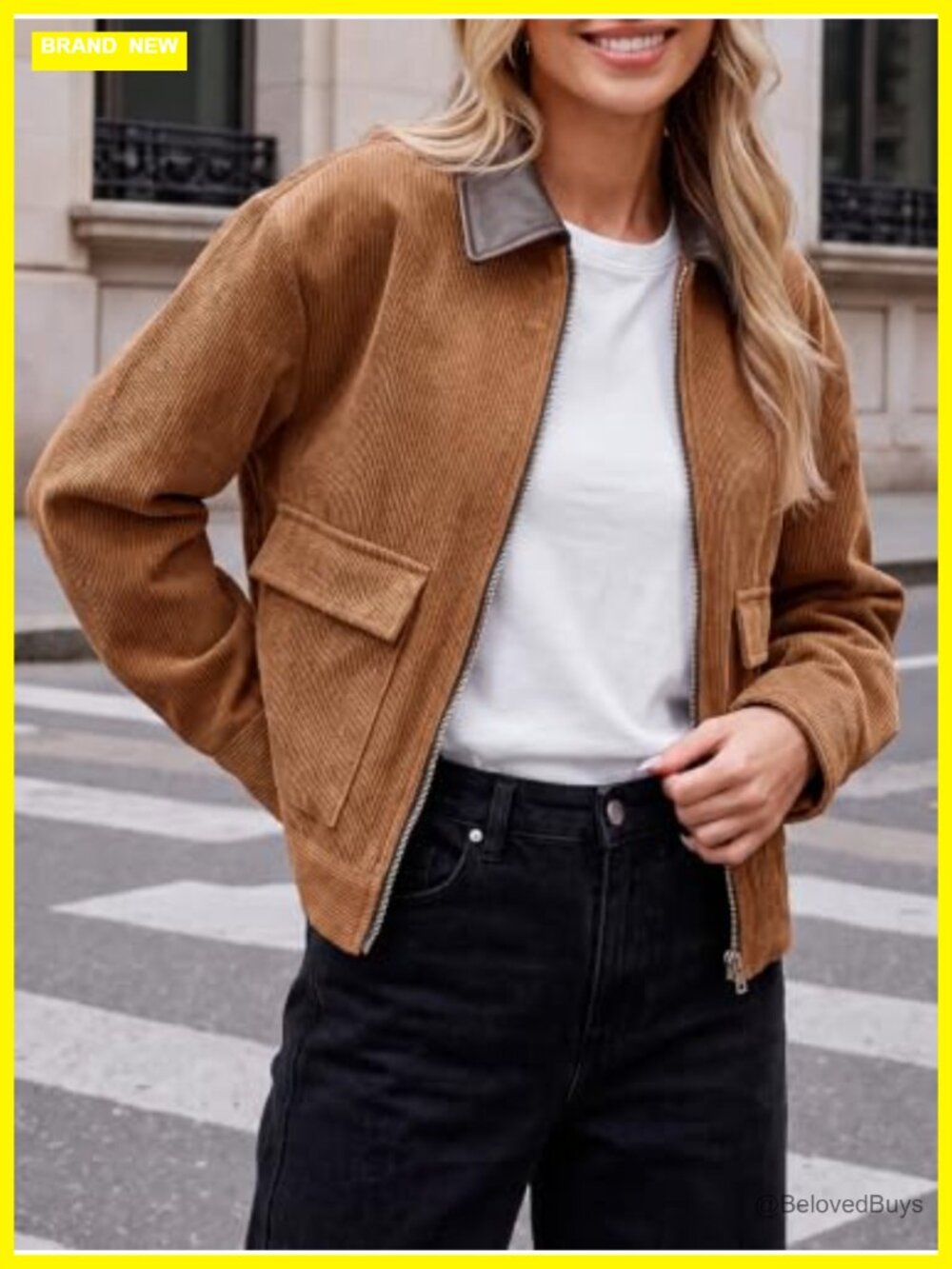 Womens Cropped Corduroy Oversized Zip Up Barn Bomber Jacket - Picture 2 of 5